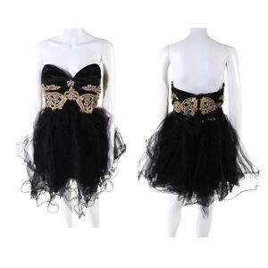 SHERRI HILL Black Gold Embroidered Tulle Strapless Mini Cocktail Dress Size 2